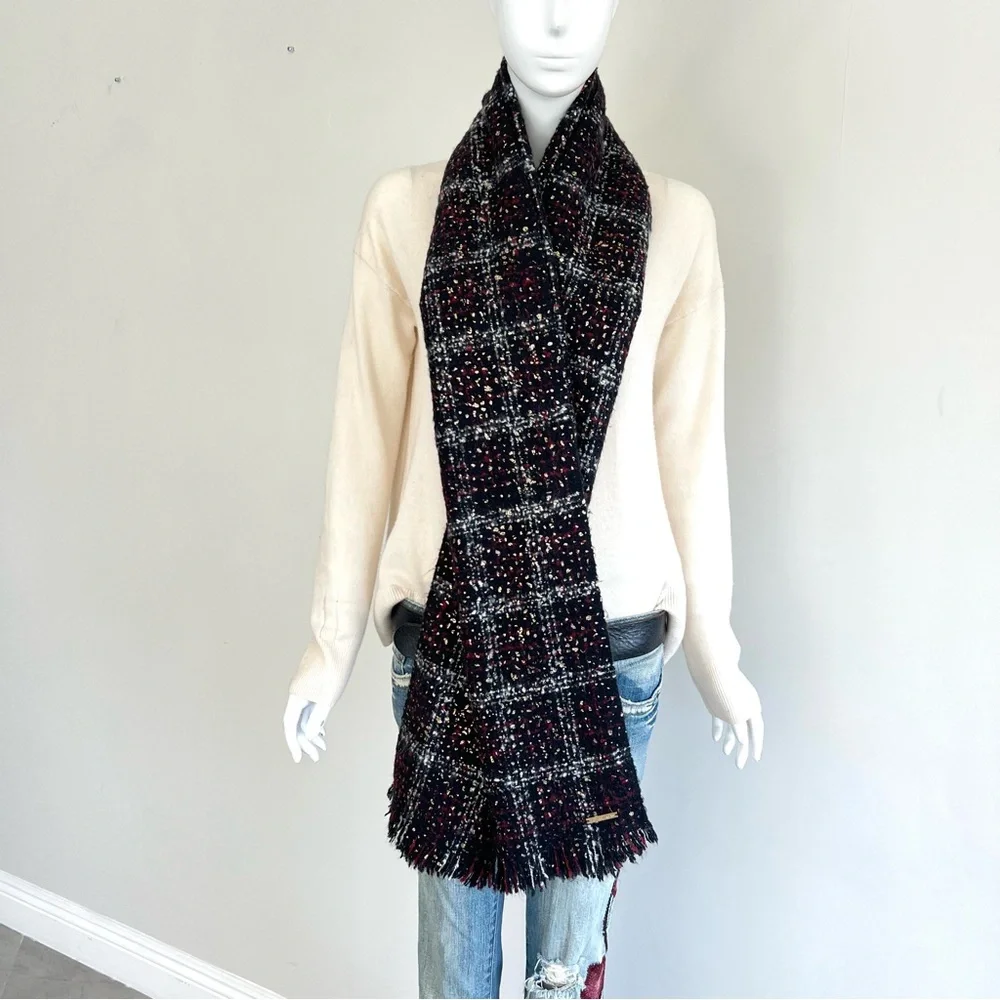 MICHAEL KORS Multicolored Plaid Tweed Gold Foil Knit Soft Long Shawl Wrap Scarf